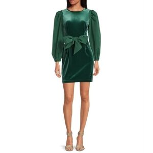 LDT Hannah NWT Stretch Velvet Bow Sash Crew Neck Puff Long Sleeve Dress Size 6